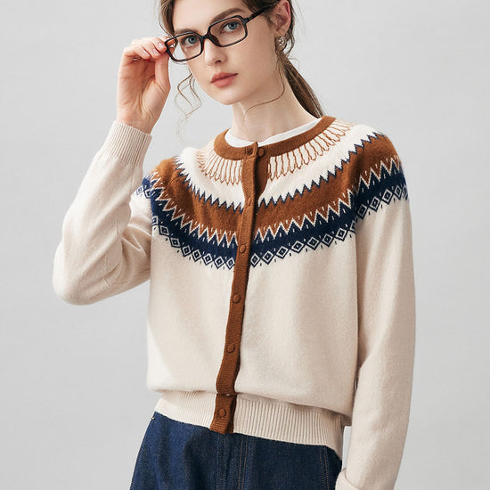 COMOBOCA Beige 100% Cashmere Women's Fair Isle Button Front Cardigan