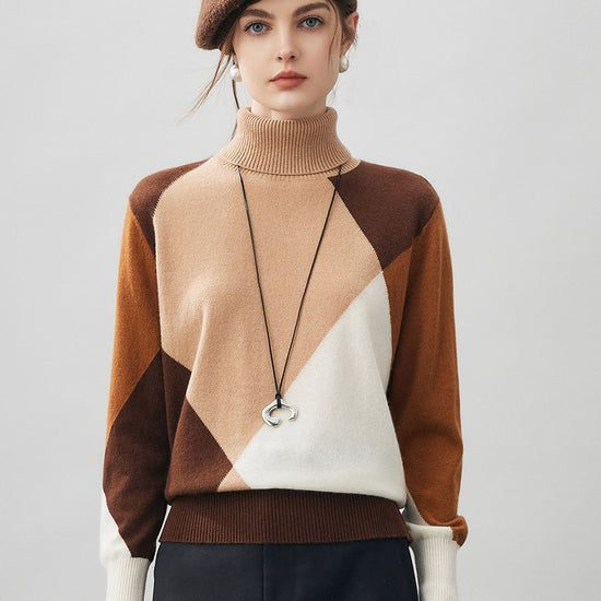 COMOBOCA Bronze 100% Cashmere Women's Color Block Turtleneck Sweater