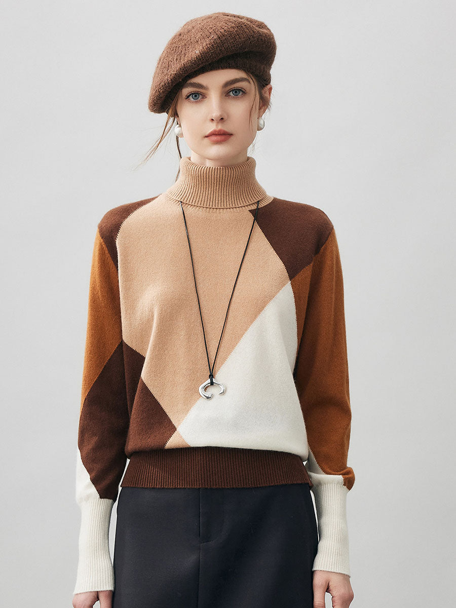 COMOBOCA Bronze 100% Cashmere Women's Color Block Turtleneck Sweater