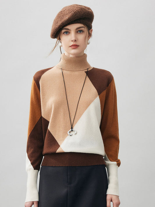 COMOBOCA Bronze 100% Cashmere Women's Color Block Turtleneck Sweater