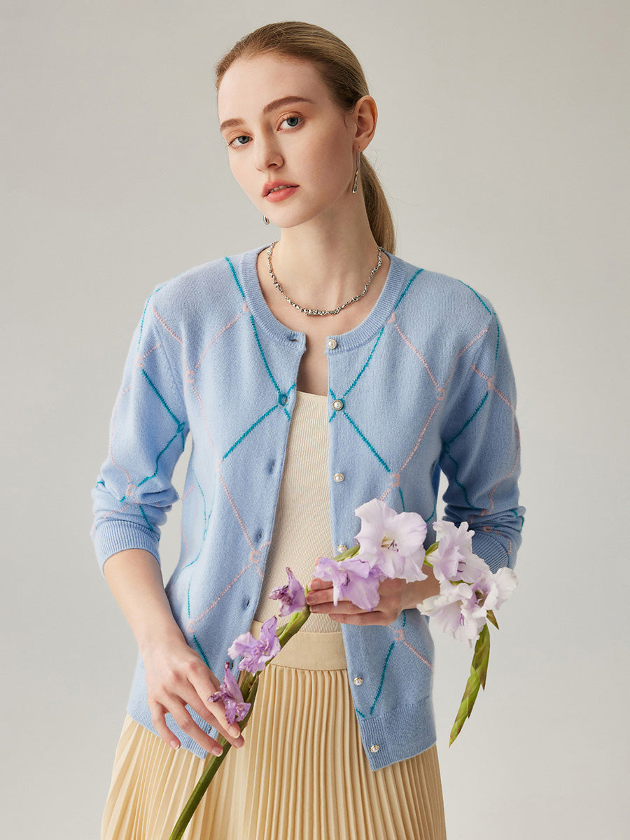 COMOBOCA 100% Cashmere Women's Diamond Patterned Pearl Button Cardigan