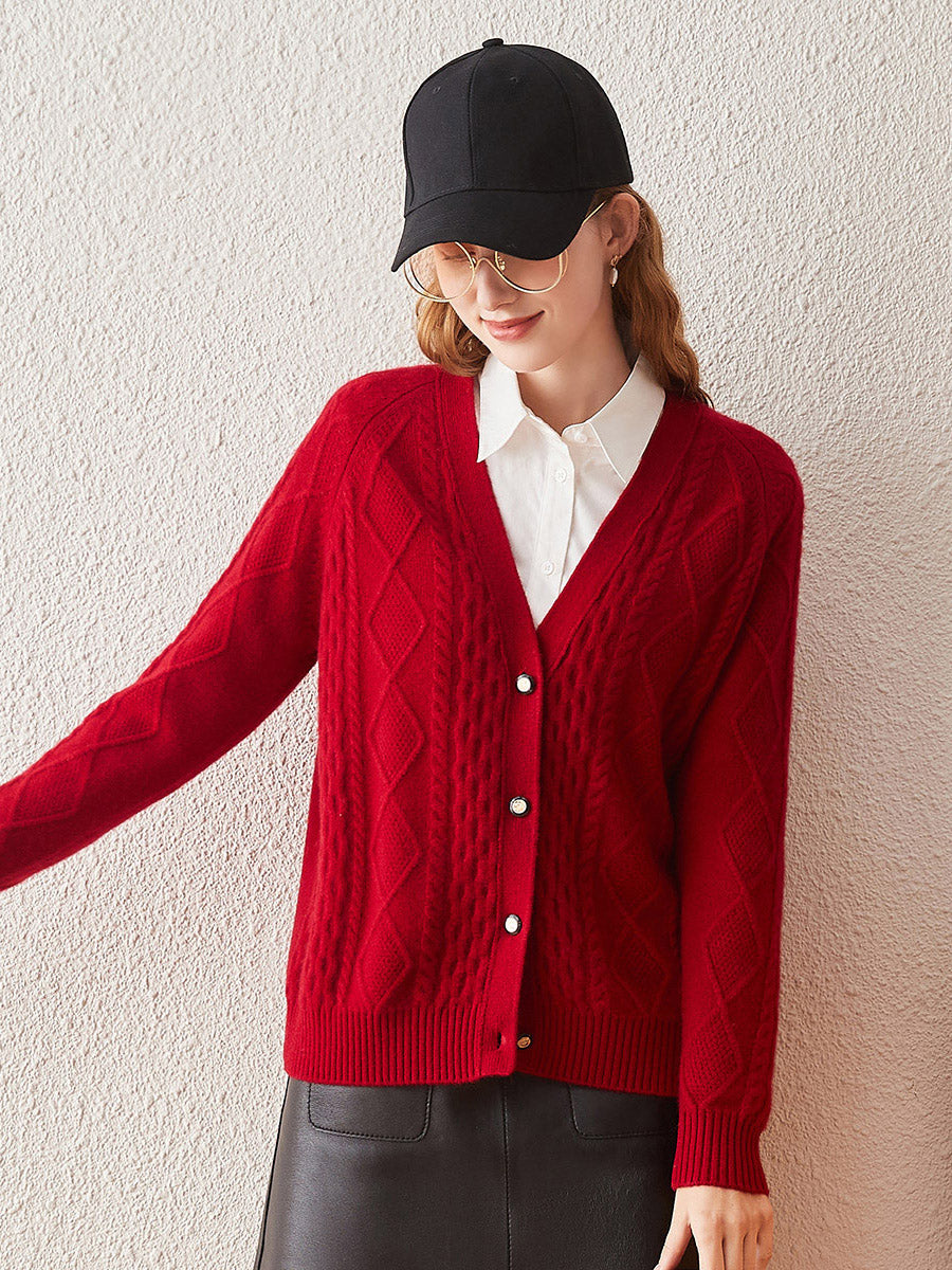 COMOBOCA 100% Cashmere Women's V-Neck Cable Knit Cardigan