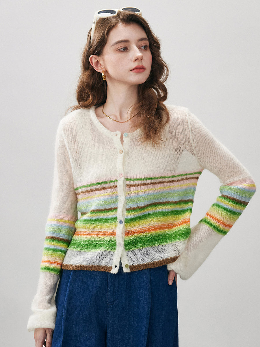 COMOBOCA Women's Rainbow Striped Button Down Cardigan