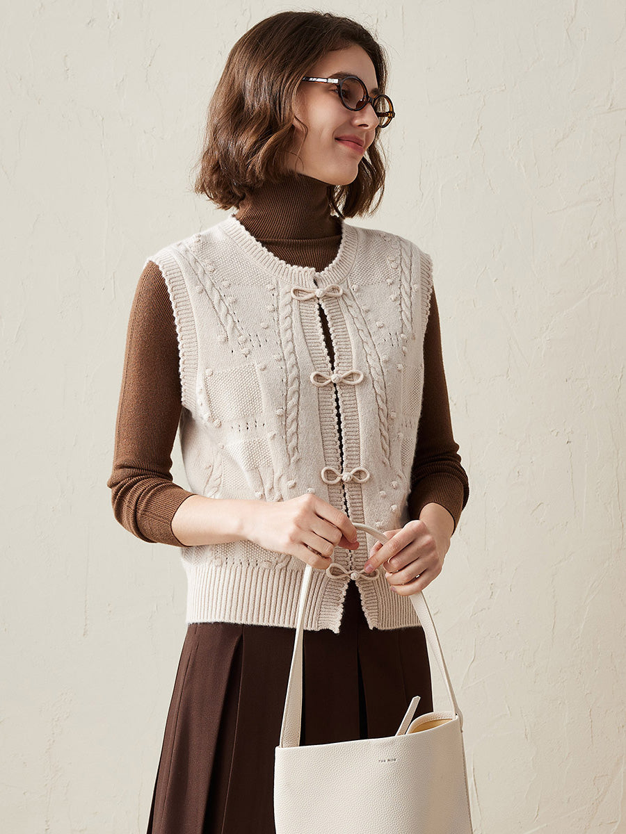 COMOBOCA Beige 100% Cashmere Women's Bow Detailing Cable Knit Vest