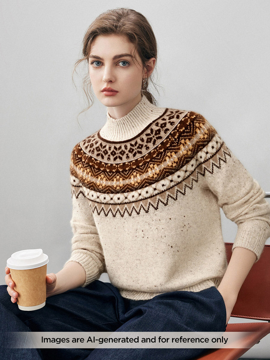 COMOBOCA 100% Cashmere Women's Fair Isle Mock Neck Sweater