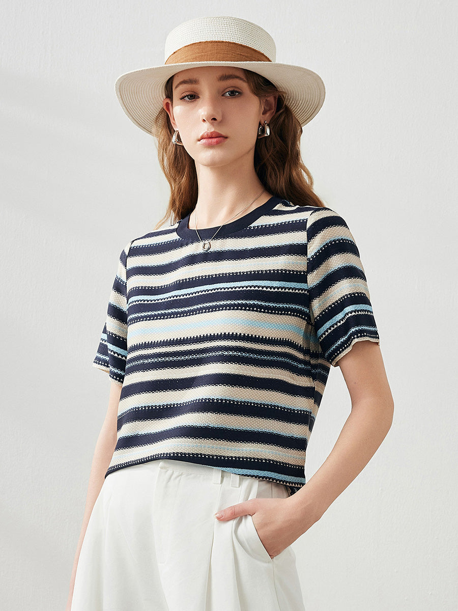 COMOBOCA Women's Striped Woven Ribbed T-Shirt