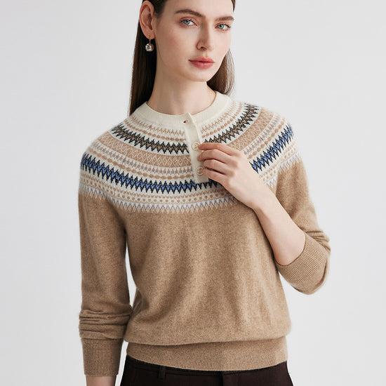COMOBOCA Camel 100% Cashmere Women's Fair Isle Henley Neck Sweater