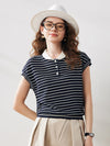 COMOBOCA Navy Blue Women's Cotton Silk Striped Knit Polo Shirt