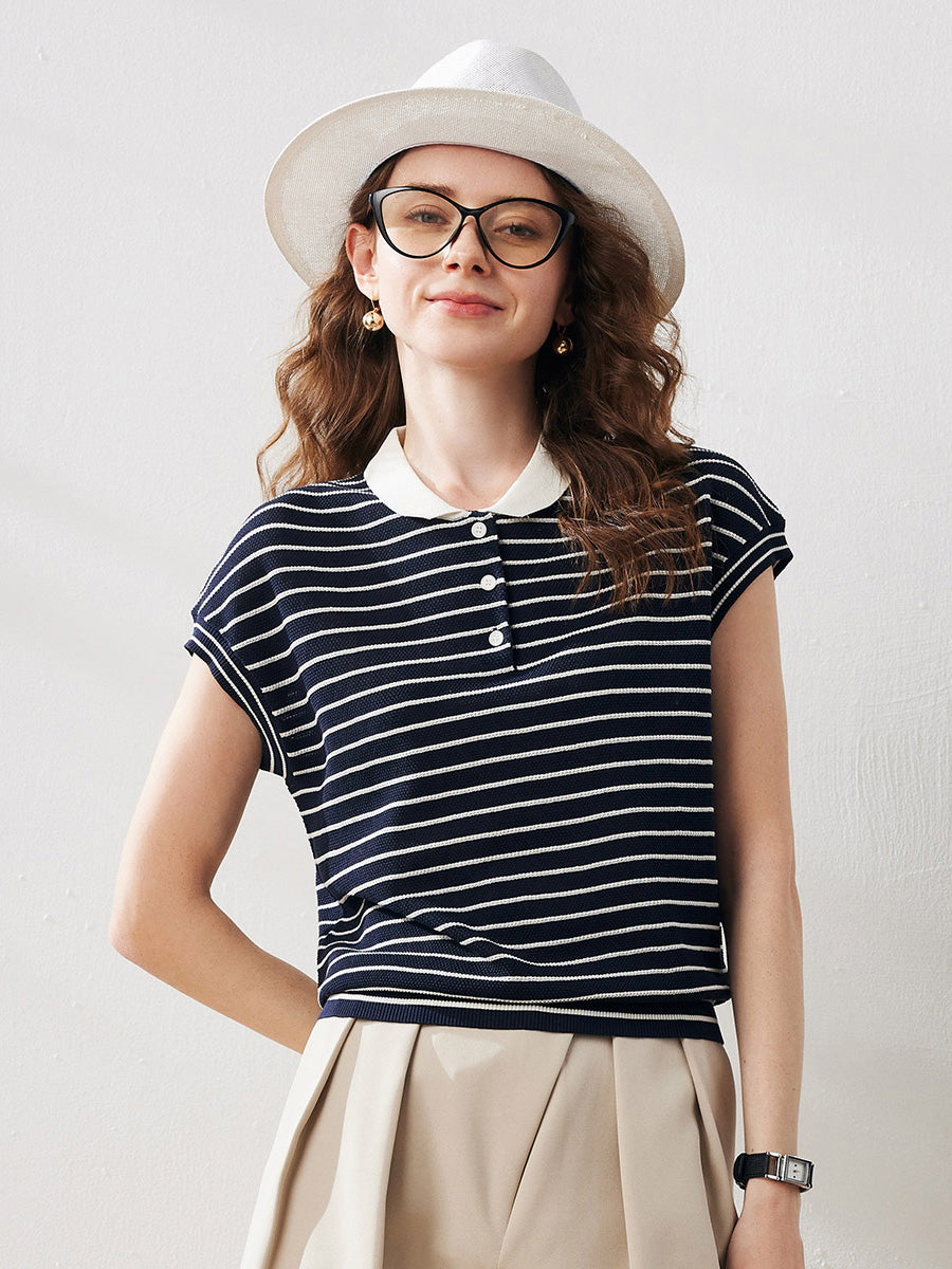 COMOBOCA Navy Blue Women's Cotton Silk Striped Knit Polo Shirt