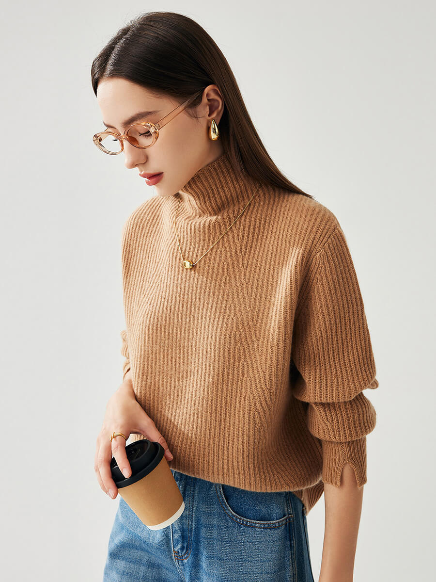COMOBOCA 100% Cashmere Women's Turtleneck Ribbed Sweater