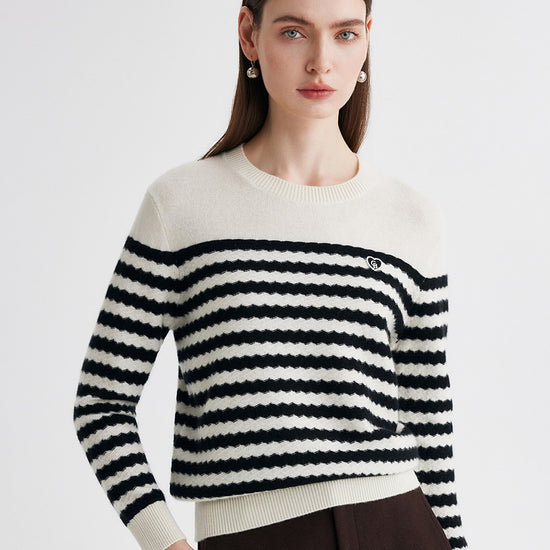 COMOBOCA 100% Cashmere Women's Striped Round Neck Sweater