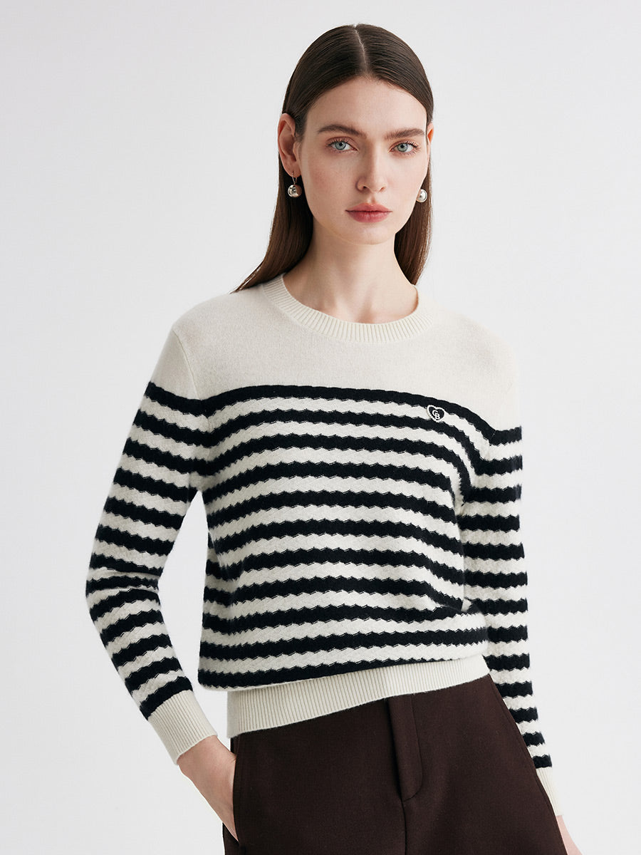 COMOBOCA 100% Cashmere Women's Striped Round Neck Sweater