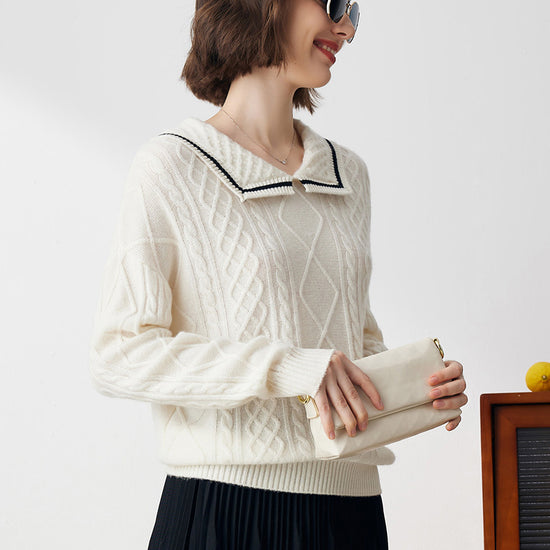 COMOBOCA 100% Cashmere Women's Sailor Collar Cable Knit Sweater
