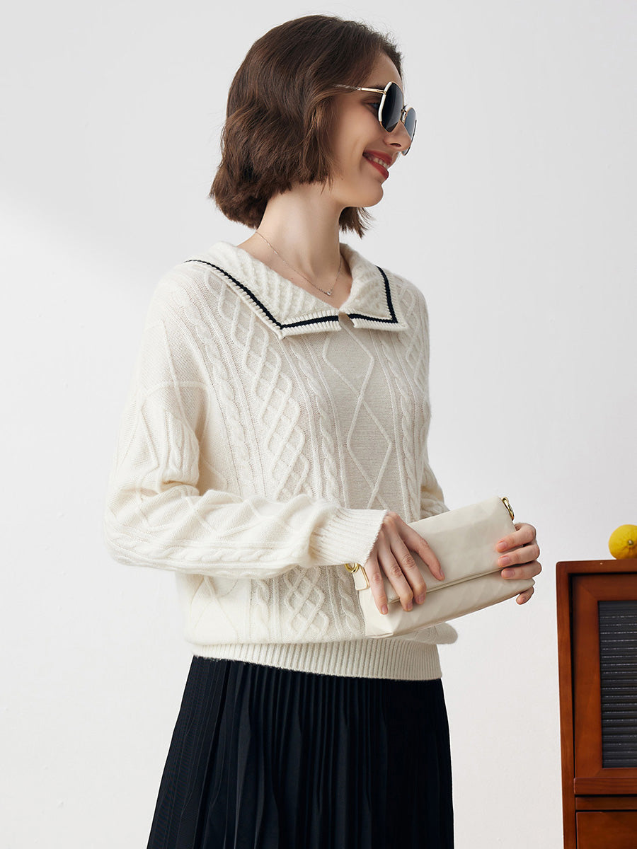 COMOBOCA 100% Cashmere Women's Sailor Collar Cable Knit Sweater