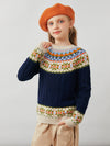 COMOBOCA 100% Wool Kids' Cable Fair Isle Round Neck Sweater