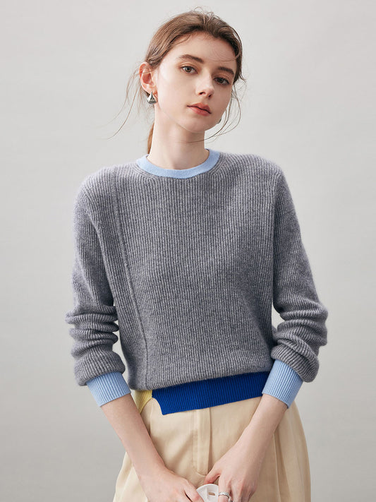 COMOBOCA Gray 100% Cashmere Women's Color Block Ribbed Knit Sweater