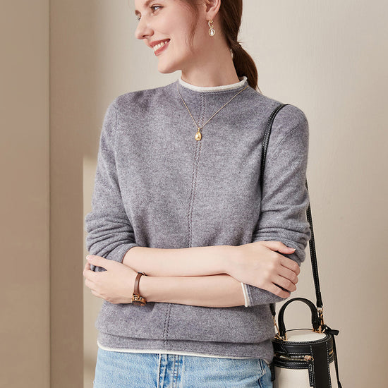 COMOBOCA Gray 100% Cashmere Women's Ribbed Contrast Trim Sweater