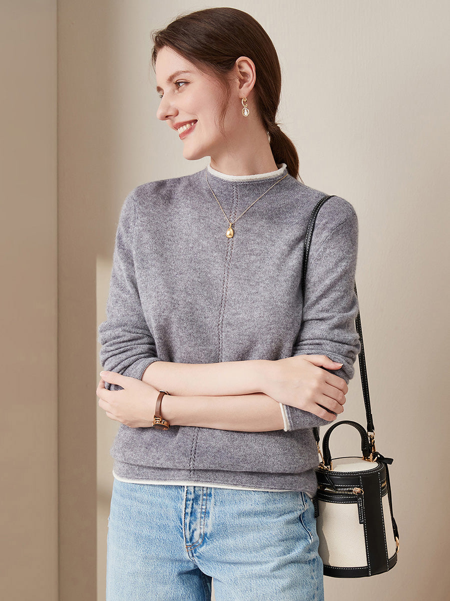 COMOBOCA Gray 100% Cashmere Women's Ribbed Contrast Trim Sweater