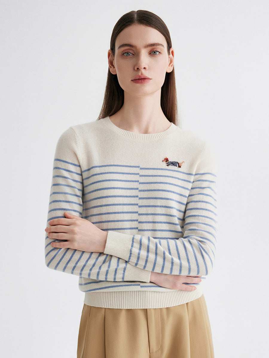 COMOBOCA 100% Cashmere Women's Striped Round Neck Sweater