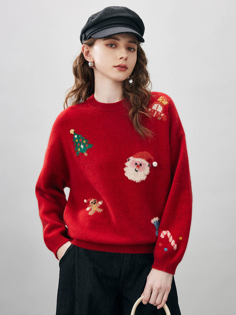 COMOBOCA Women's Wool Christmas Themed Round Neck Sweater
