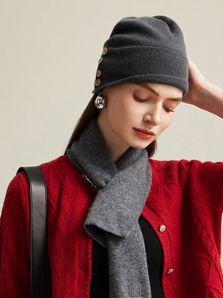 COMOBOCA 100% Cashmere Women's Button Decorated Knit Beanie