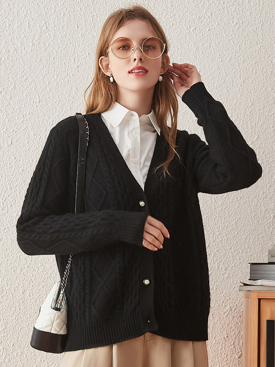 COMOBOCA 100% Cashmere Women's V-Neck Cable Knit Cardigan