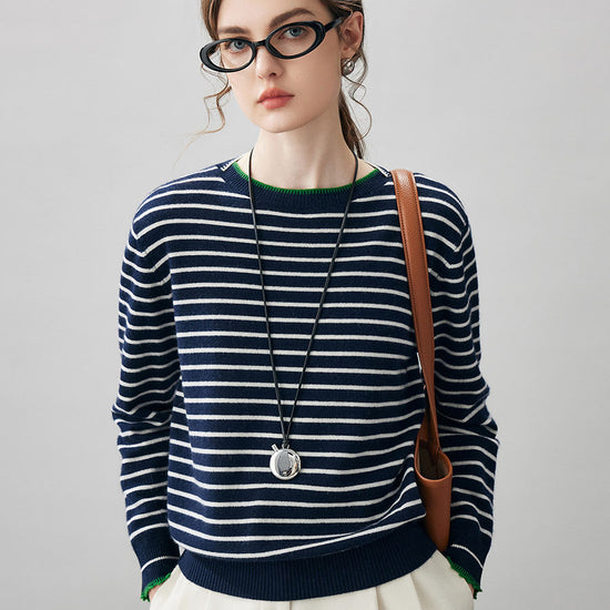 COMOBOCA 100% Cashmere Women's Striped Round Neck Sweater