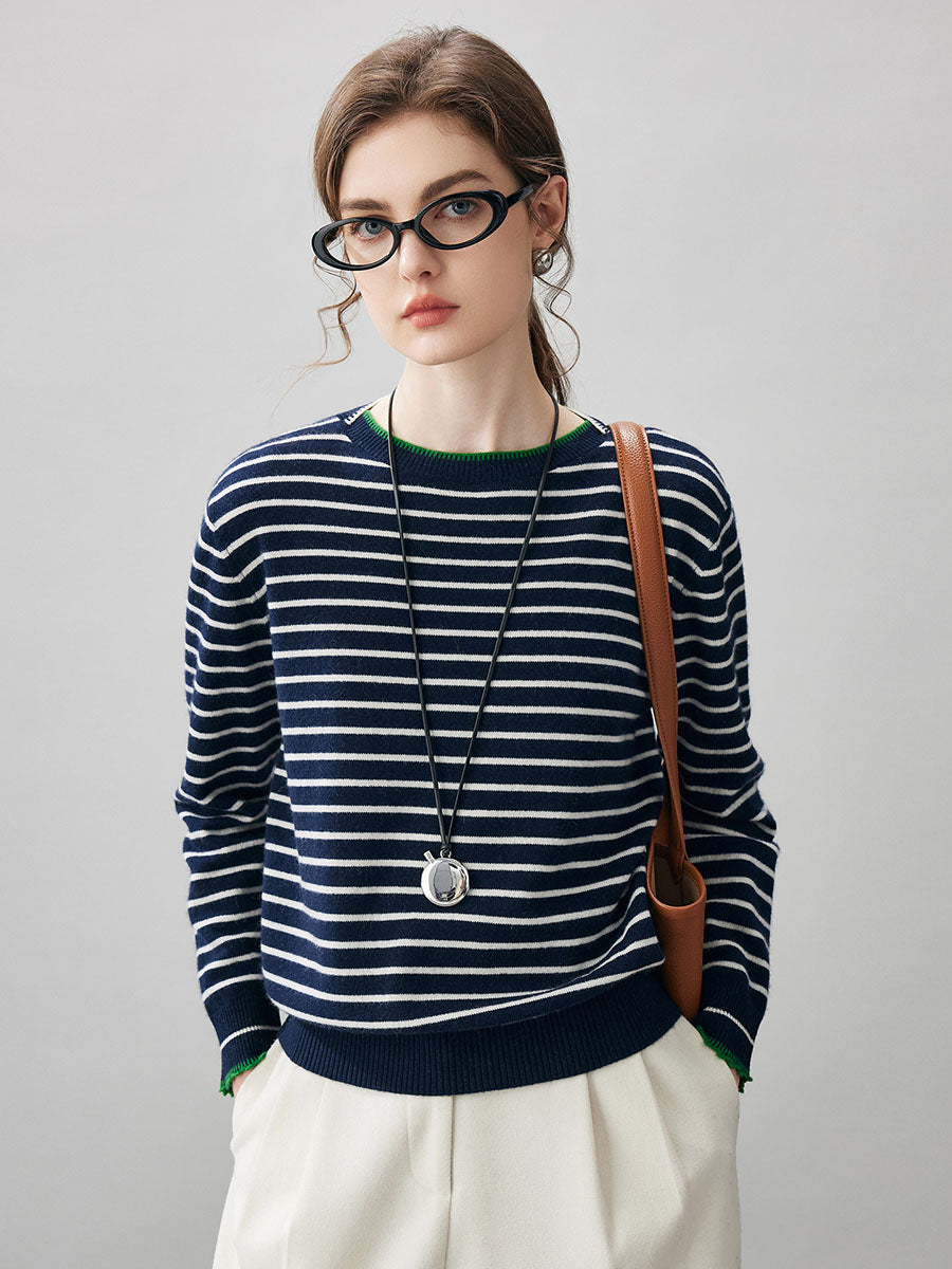 COMOBOCA 100% Cashmere Women's Striped Round Neck Sweater