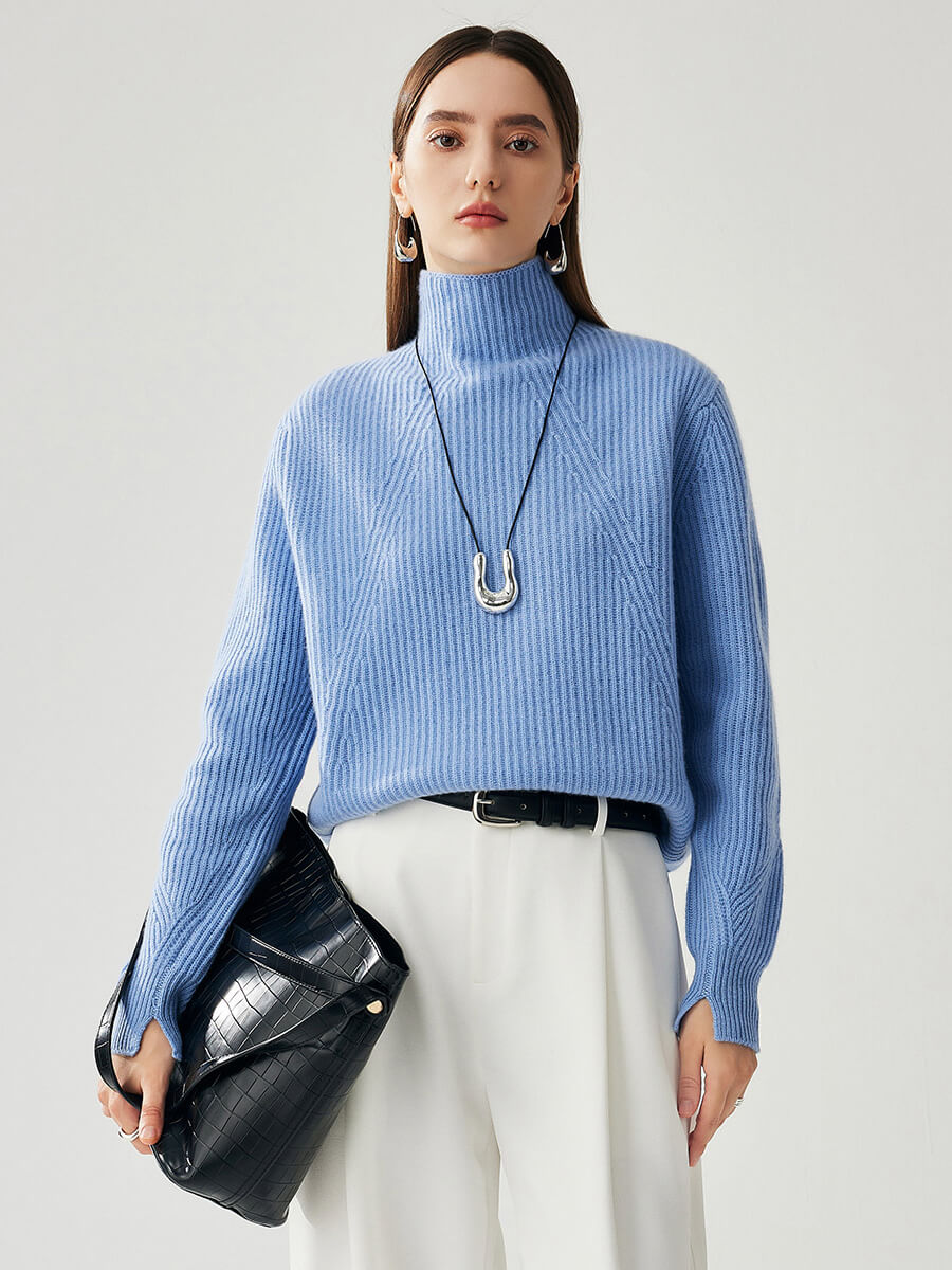 COMOBOCA 100% Cashmere Women's Turtleneck Ribbed Sweater