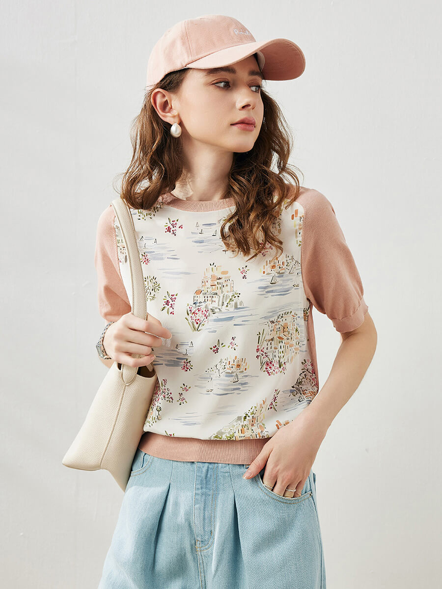 COMOBOCA Pink Women's Floral Print Raglan Sleeve T-Shirt