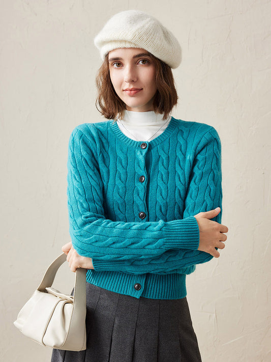 COMOBOCA Turquoise 100% Cashmere Women's Cable Knit Button Cardigan