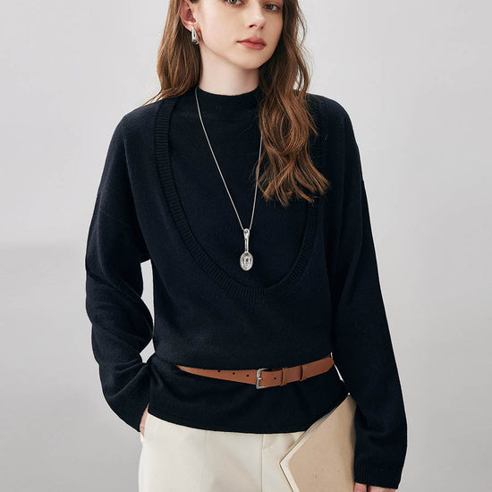 COMOBOCA 100% Wool Women's Oversized U-Neck Sweater