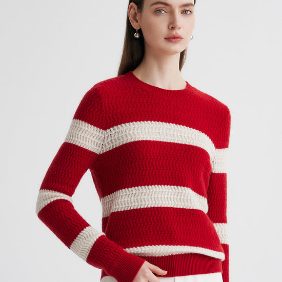 COMOBOCA 100% Cashmere Women's Striped Round Neck Sweater
