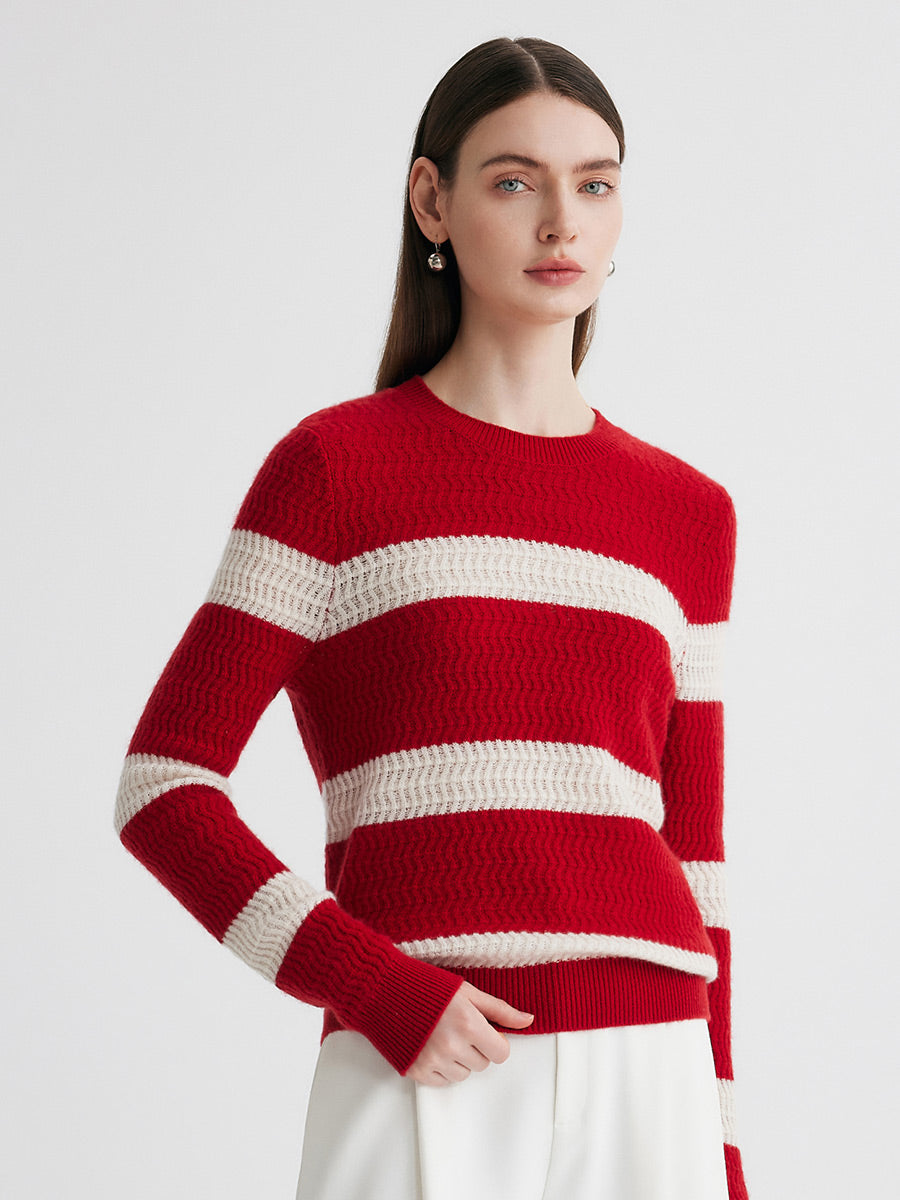 COMOBOCA 100% Cashmere Women's Striped Round Neck Sweater