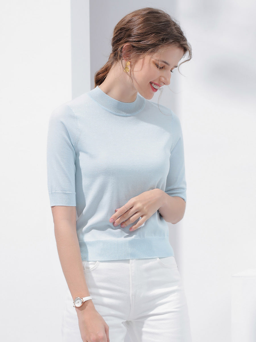 COMOBOCA Women's Short Sleeve Mock Neck Knit Sweater