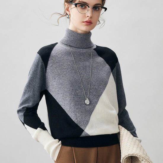 COMOBOCA Black 100% Cashmere Women's Color Block Turtleneck Sweater