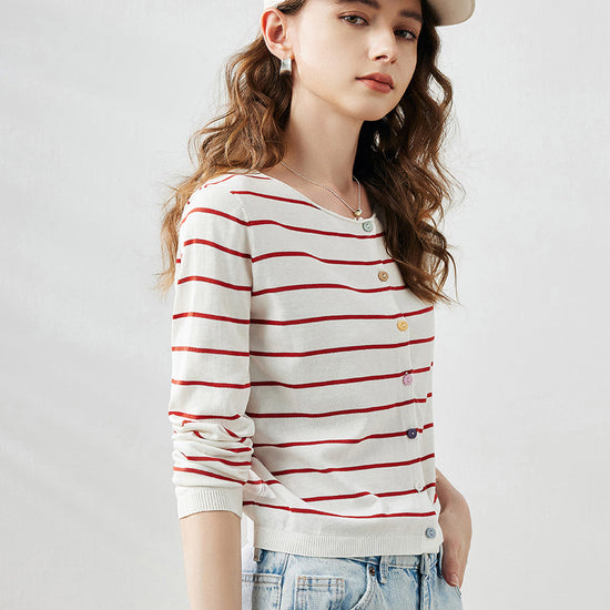 COMOBOCA Women's Striped Button-Down Cardigan