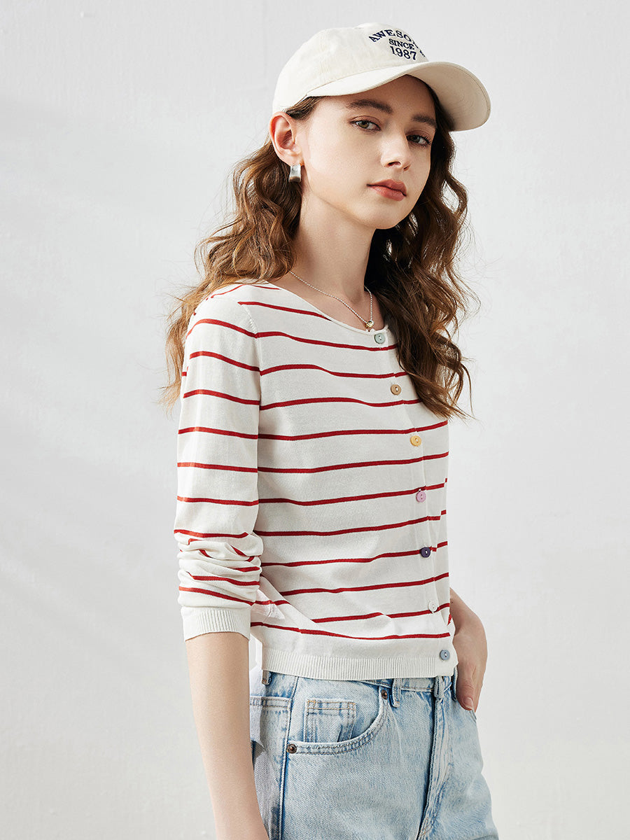 COMOBOCA Women's Striped Button-Down Cardigan