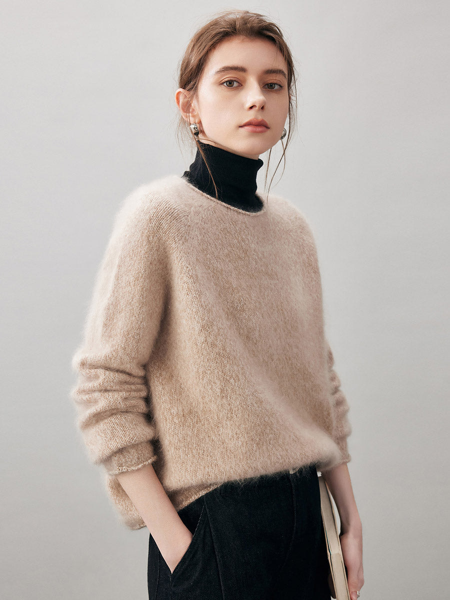 COMOBOCA 100% Wool Women's Fuzzy Round Neck Sweater