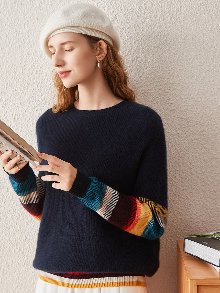 COMOBOCA 100% Cashmere Women's Striped Round Neck Sweater