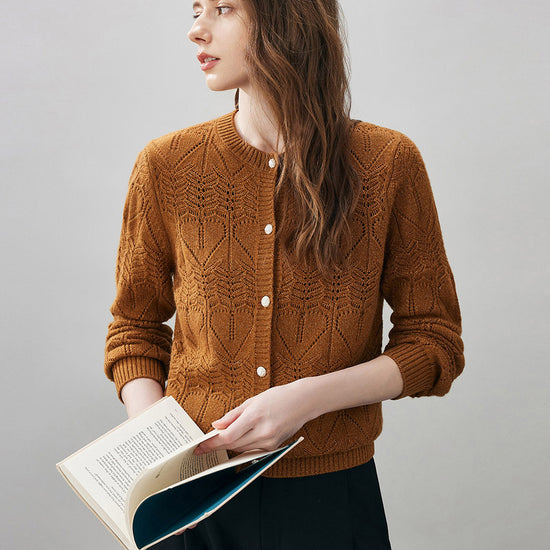 COMOBOCA Brown Women's Chic Heart Patterned Button Cardigan