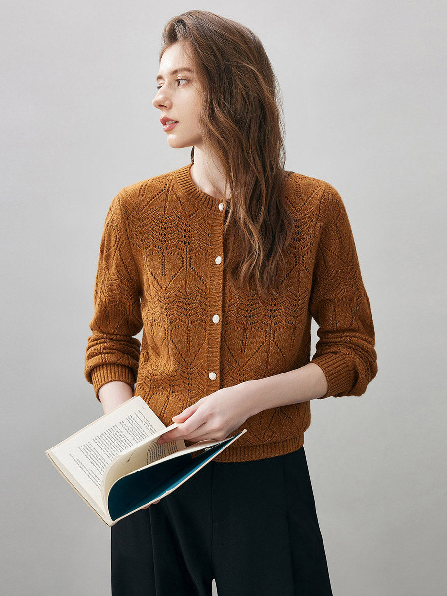 COMOBOCA Brown Women's Chic Heart Patterned Button Cardigan