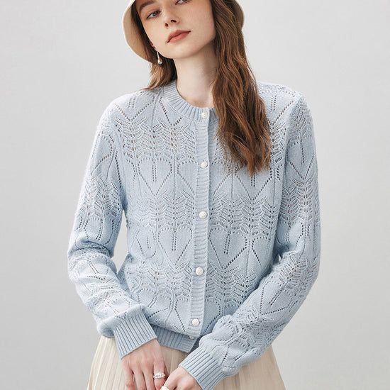 COMOBOCA Light Blue Women's Chic Heart Patterned Button Cardigan