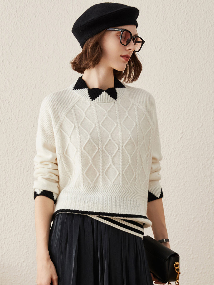 COMOBOCA 100% Cashmere Women's Contrast Jacquard Mock Neck Sweater