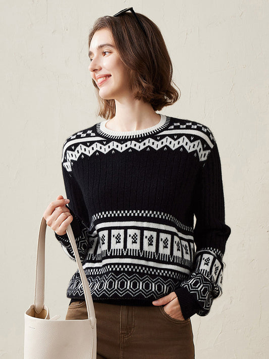 COMOBOCA Black 100% Cashmere Women's Sweater with Abstract Design