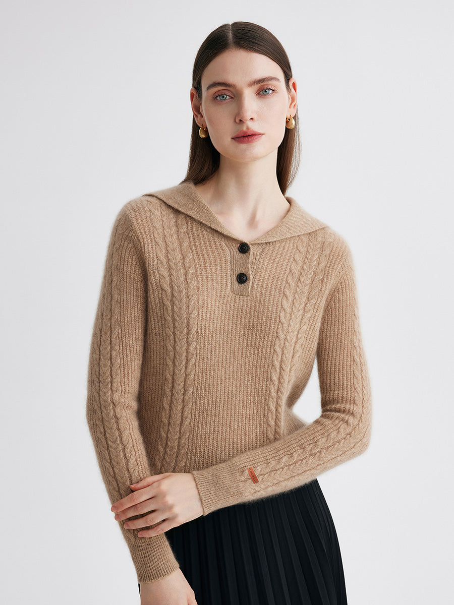 COMOBOCA 100% Cashmere Women's Cable Sailor Collar Sweater