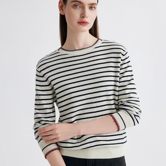 COMOBOCA 100% Cashmere Women's Striped Round Neck Sweater