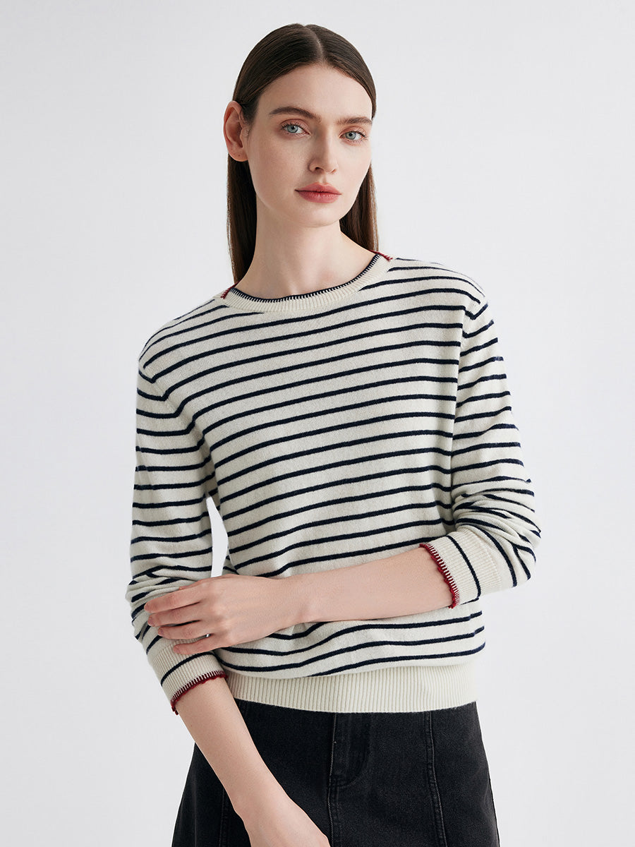 COMOBOCA 100% Cashmere Women's Striped Round Neck Sweater