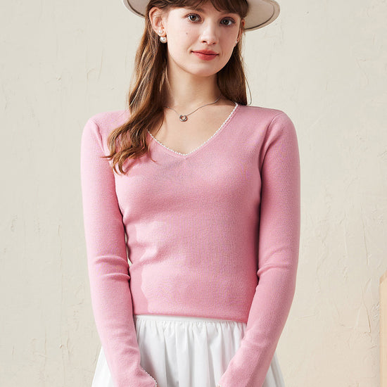 COMOBOCA Pink 100% Wool Women's V-Neck With Pearl Accents Sweater