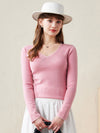 COMOBOCA Pink 100% Wool Women's V-Neck With Pearl Accents Sweater